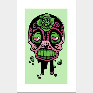 Pink and Green Ink-Rose Skull Posters and Art